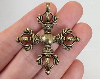 Antique Brass Large Double Vajra Dorje Cross Buddhism Pendants