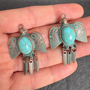 2PCS Turquoise Patina Copper Thunderbird Charms, Native American Style Eagle Pendant for DIY Jewelry