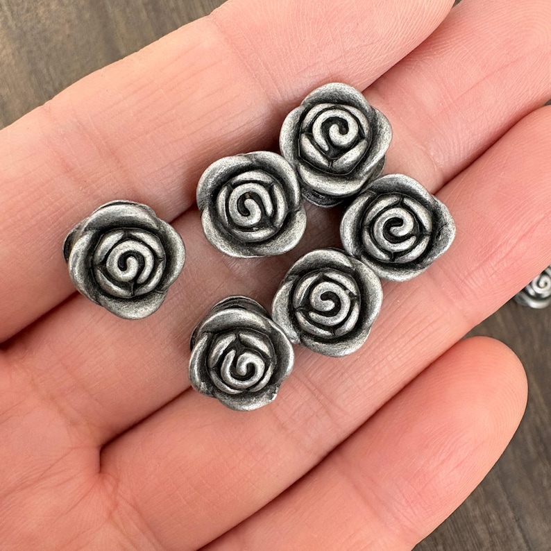 Vintage Bronze & Silver Rose Spacer Bead, Antique Floral Jewelry Finding, Retro Zinc Alloy Bead image 2