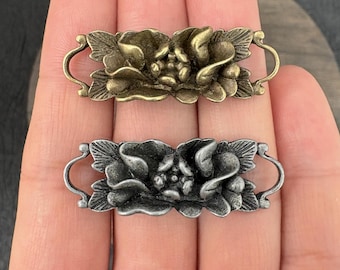 2PCS Antique Bronze Double Loop Lotus, Camellia, and Rose Flower Connector, Vintage Floral Bracelet Charm