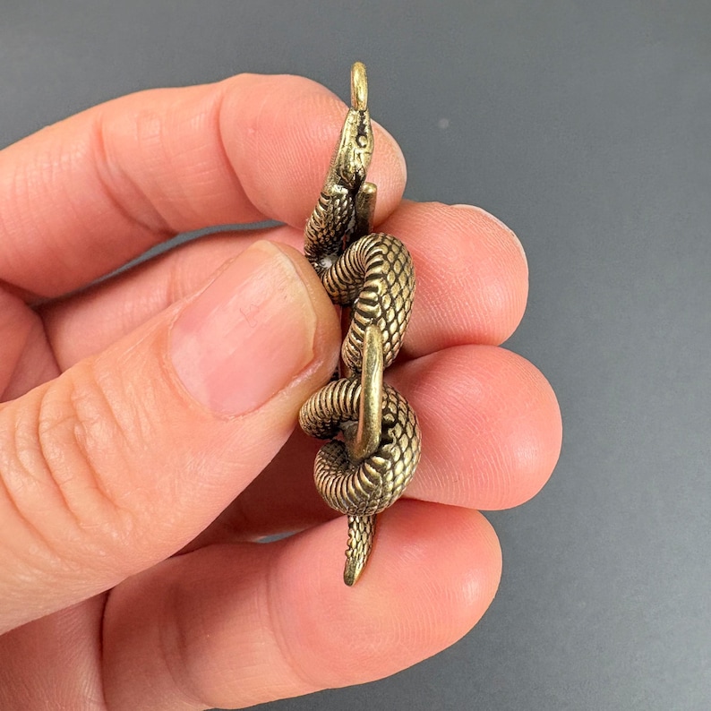 May include: A detailed brass snake pendant. The snake is coiled with intricate scales and a loop at the top for hanging. The pendant is held against a gray background.