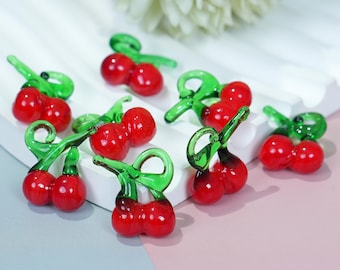 4 mini ciondoli in vetro a forma di ciliegia - Ciondolo a forma di frutta, perlina in vetro soffiato, accessorio per gioielli kawaii per orecchini e collane fai da te