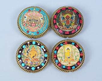 Handgemachter Tibetischer Doppelseitiger Tangka Anhänger, Nepal Inlay Om Mani Padme Hum Schlüsselanhänger Charm, Dzambhala Halsketten Anhänger für DIY Schmuck