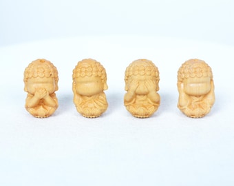 Natural Sandalwood Carved Four-Not Seated Buddha Charm, Devotion and Faith, DIY Accessory (22x14mm)