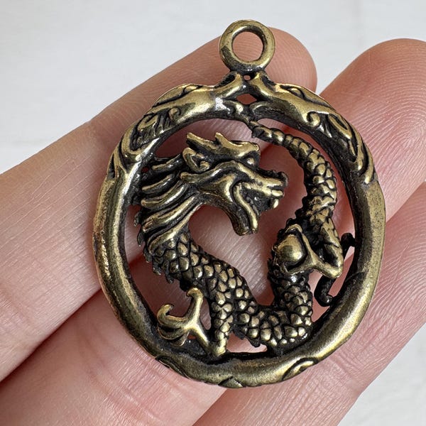 Vintage Brass Dragon Head Pendant, Retro Mythical Beast Charm, Antique Brass Jewelry Making Supplies, DIY Necklace Pendant