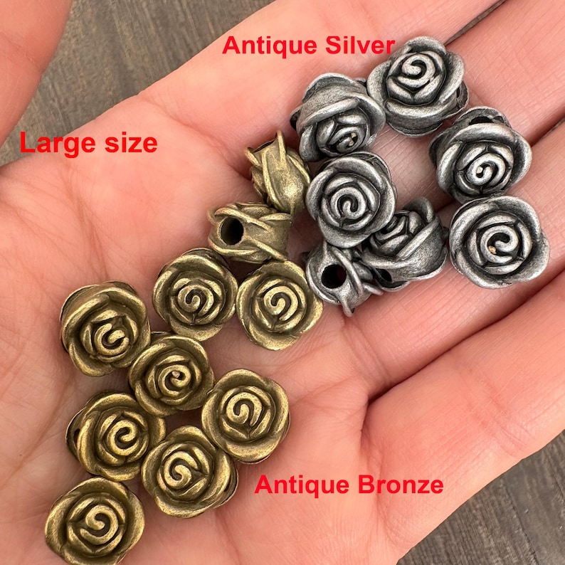 Vintage Bronze & Silver Rose Spacer Bead, Antique Floral Jewelry Finding, Retro Zinc Alloy Bead image 5