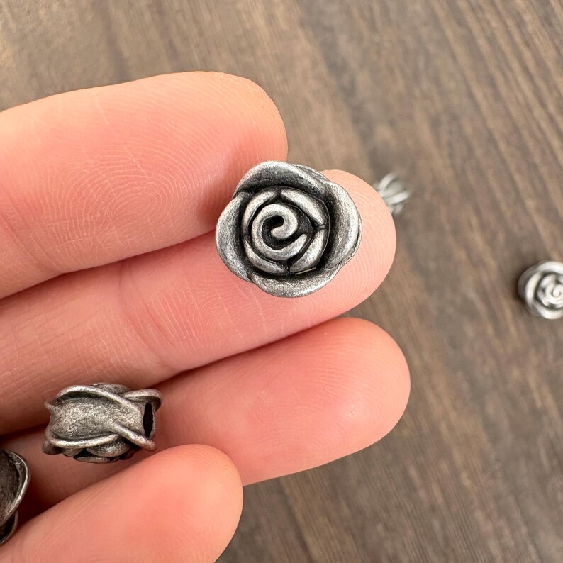 Vintage Bronze & Silver Rose Spacer Bead, Antique Floral Jewelry Finding, Retro Zinc Alloy Bead image 4