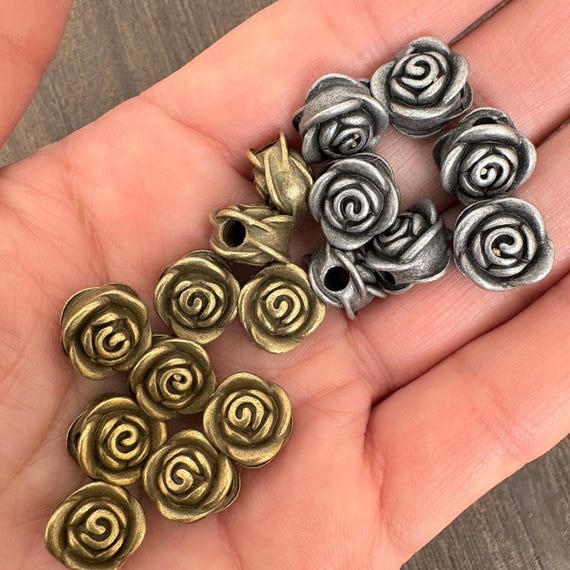 Vintage Bronze & Silver Rose Spacer Bead, Antique Floral Jewelry Finding, Retro Zinc Alloy Bead