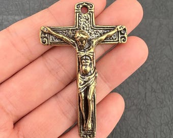 Vintage Solid Brass Jesus Cross Crucifix, Antique Catholic Pendant