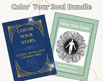 May include: A bundle of two coloring books. One is navy blue with gold accents and the text "Color Your Stars". The other is mint green with a black and white floral design and the text "Color Your Calm". The words "Color Your Soul Bundle" are at the top.