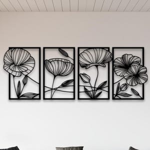 Poppy Flowers Metal Wall Art | 4 Pieces Poppy Flowers Wall Decor | Nature Wall Hanging | Large Home Decor | Anniversary Gift | Birthday Gift