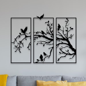 3 Panels Birds on Tree Branch Metal Wall Art | Nature Dresser Wall Decor | Nature-Inspired Wall Art | Living Room Decor | Housewarming Gifts