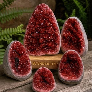 Op de afbeelding: Vijf rode kristalgeodes met een glanzend, getextureerd oppervlak worden tentoongesteld op een houten oppervlak. De geodes zijn in verschillende maten en vormen, met een houten bord met de tekst "WANDERSTON".