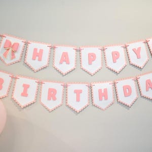 Custom Baby Shower Garland Pink Bow Party Banner, Happy Birthday, Welcome Baby, It’s a Girl Cardstock Garland Baby Shower First Birthday