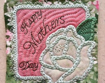 Embroidered Mothers Day Fabric Coaster, Quilted Handmade Coaster