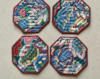 Fabric Coasters set of 4, Fabric Coaster Set, Quilted Fabric Coasters, Coasters, Embroidered Coasters, Handmade Coasters Set of 4