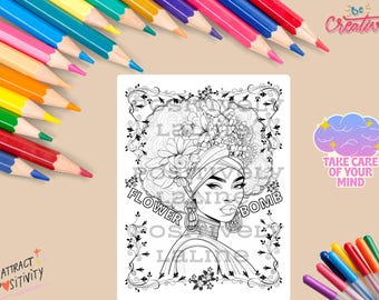 Black Woman Coloring Page 'Flower Bomb' | Self-Love Printable Art | Positive Affirmation | Empowerment Wall Art | Instant Digital Download