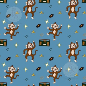 Dancing Monkey Seamless Pattern, Retro Monkey Fabric, Funky Monkey Print, Music Pattern, Kids Fabric, Blue Monkey Digital Download