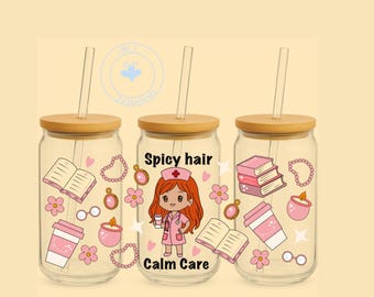 Bookish Chibi Redhead Nurse 16 oz Glass Can Wrap. NO white base.