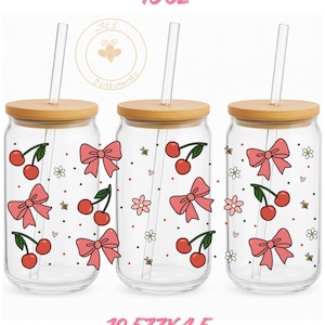 Coquette Cherry Glass Can Wrap PNG, 16oz Libbey Cup Design, Bows Bees Floral Polka Dot Pattern, Girly Summer Sublimation File.NO white base.