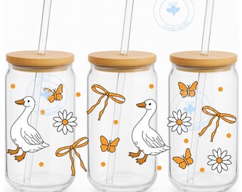 Coquette Goose Glass Can Wrap PNG, 16oz Libbey Cup Wrap, Cute Floral Goose with Bows Aesthetic Sublimation Download. NO white base.