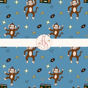May include: A blue fabric pattern featuring cartoon brown monkeys, black vinyl records, yellow banana peels, green musical notes, and four-pointed yellow stars. A central white horizontal band displays a logo with the letters BS and a duck.