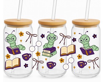 Bookworm Bookish 16 oz glass can. NO white base.