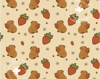 Capybara Strawberry Seamless Pattern: Kawaii Fabric Design (Digital Download