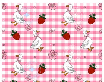 Strawberry Goose Seamless Pattern | Pink Gingham Goose Pattern | Strawberry Cottagecore Pattern | Cute coquette Goose (gingham collection)