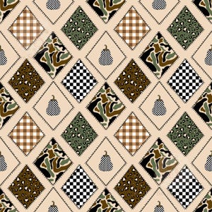 May include: A repeating pattern of diamonds on a light beige background. The diamonds feature various prints including brown and white gingham, black and white checkerboard, green leopard print, camouflage, and solid diamonds with pumpkin icons.
