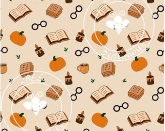 Gemütliches Herbstbuch-Nahtlosmuster – Digitales Herbstmuster, Kürbis- und Kaffeemotiv, Hintergrund für Bücherliebhaber