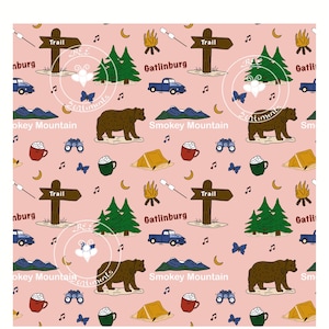 May include: A pink seamless pattern with camping-themed illustrations. The design includes brown bears, pine trees, tents, trucks, campfires, and trail signs. The text "THIS IS NOT A PHYSICAL PRODUCT" is at the top.