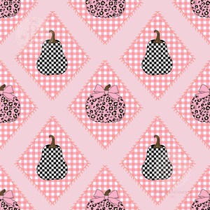 May include: A repeating pattern featuring pink and white gingham diamonds. Inside the diamonds are alternating pumpkins: some are black and white checkered with brown stems, others are pink with black leopard spots and pink bows.