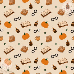 Cozy Autumn Books Seamless Pattern – Fall Digital Pattern, Pumpkin & Coffee Design, Book Lover Background