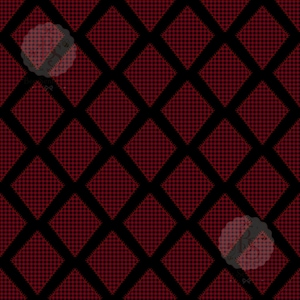 May include: A repeating textile pattern featuring a grid of large black diamonds. Each diamond contains a smaller red and black buffalo check pattern. The design is uniform across the entire surface, creating a geometric and high-contrast visual.