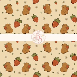 Nahtloses Capybara-Erdbeermuster, Kawaii-Capybara-Stoffdesign, niedliches Beerentiermuster, Cottagecore-Digitaldownload (PNG/JPG)
