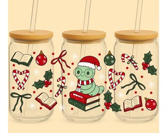 Christmas Bookworm 16 oz glass can wrap. NO white base.