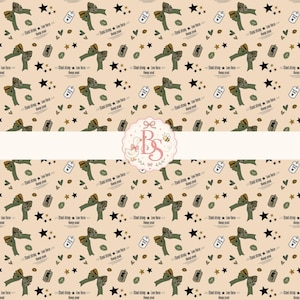 May include: A repeating pattern on a light beige background featuring olive green bows with leopard print accents, black stars, green lips, and white dog tags labeled ARMY. The text Stand strong, Love fierce, Always proud is printed repeatedly.