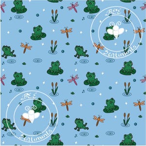 Whimsical Frog Pond Seamless Pattern | Cute Frog & Dragonfly Nature Design | Kids Nursery Theme | Fabric Print