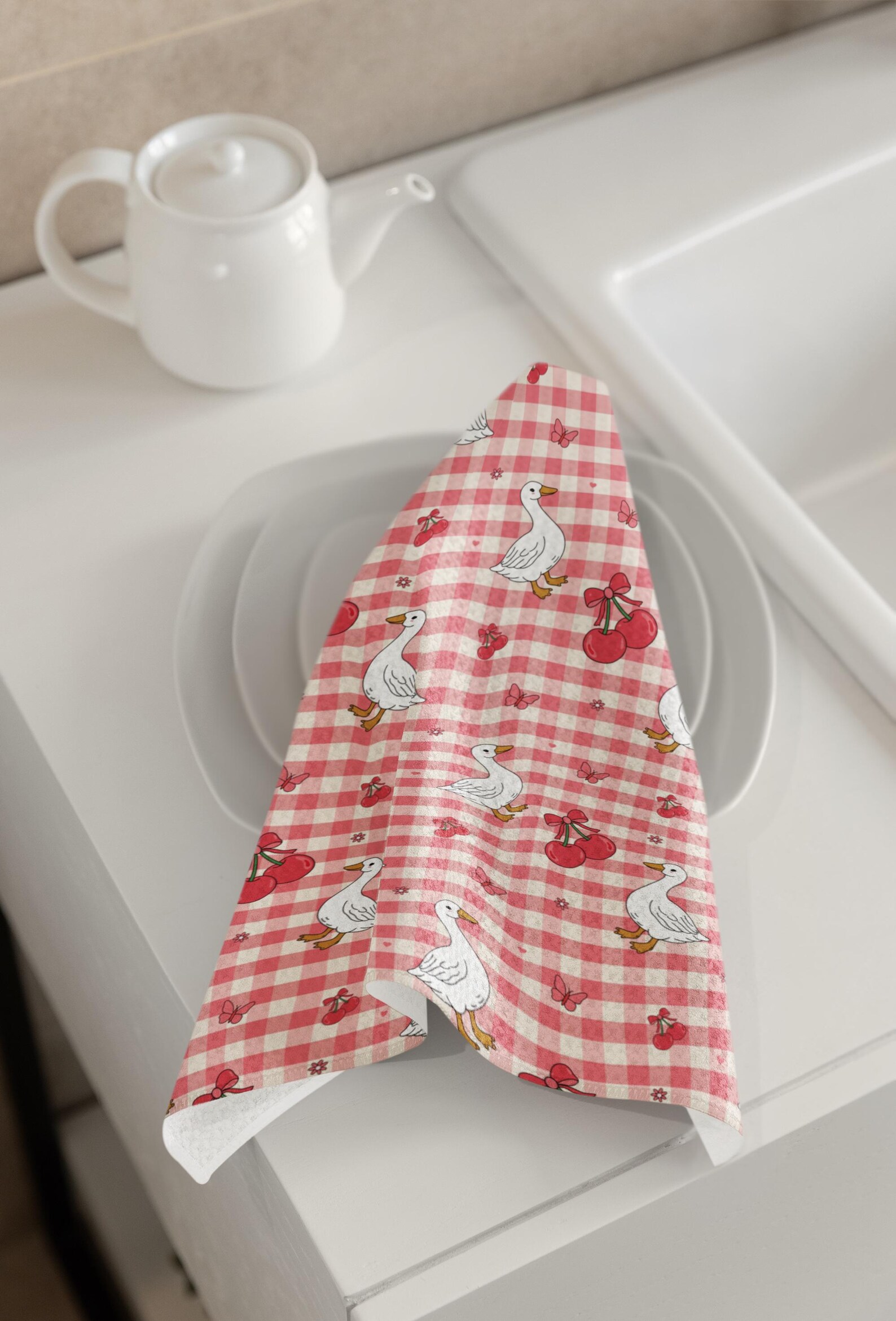 Checkerd Farm Pattern Coquette Goose & Cherries Seamless Pattern | Pink Gingham Background ...