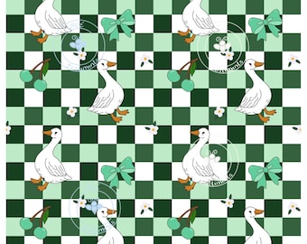 Green Gingham Goose Seamless Pattern | Cherry Goose Pattern | Coquette Bow Goose | Cottagecore Goose Pattern | Daisy  (gingham collection)