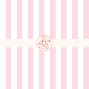 May include: A background pattern of vertical light pink and white stripes. Centered is a scalloped circular logo featuring the letters BS in a pink serif font, accompanied by a small illustration of a duck, a bee, and decorative bows.