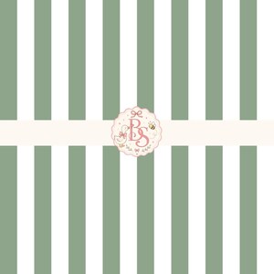 May include: A pattern of vertical sage green and white stripes featuring a central scalloped circular emblem. The emblem displays the pink letters BS, a small duck, a bee, and decorative floral elements on a pale cream background.
