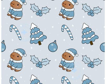 Winter Capybara Seamless Pattern, Blue Cozy Capybara Digital, Cute Animal Pattern, Winter Aesthetic Scrapbook Paper, Kawaii Capybara Design