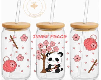 Kawaii Panda Cherry Blossom glass can wrap 16 oz. NO white base.