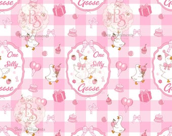 One Silly Goose Birthday Seamless Pattern, 1st Birthday Girl Goose, Pink Gingham Birthday Pattern, Cute Goose dress PNG , Party Sublimation