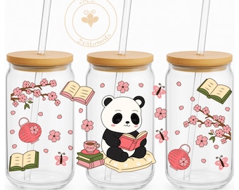 Kawaii Panda Bookish 16 oz Glass Can Wrap. NO white base.