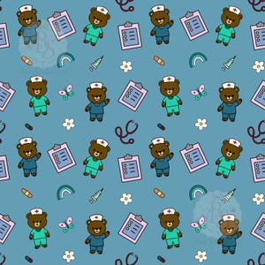 May include: A repeating pattern on a blue background featuring brown teddy bears dressed as medical professionals in scrubs and nurse caps, pink clipboards, stethoscopes, syringes, bandages, white flowers, butterflies, and small rainbows.