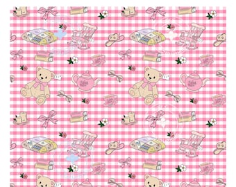 Grannycore Thrift Store Seamless Pattern, Pink Gingham Vintage Pattern, Teddy Bear Teapot Cottagecore Digital Paper, Cute Cozy Pattern