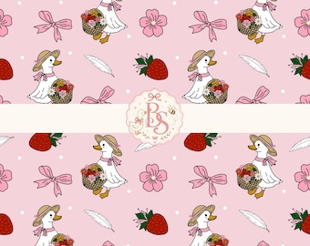 May include: A repeating pattern on a light pink background featuring white ducks wearing straw hats and pink ribbons, carrying baskets of flowers. The design includes red strawberries, white feathers, pink bows, and pink flowers with white dots.